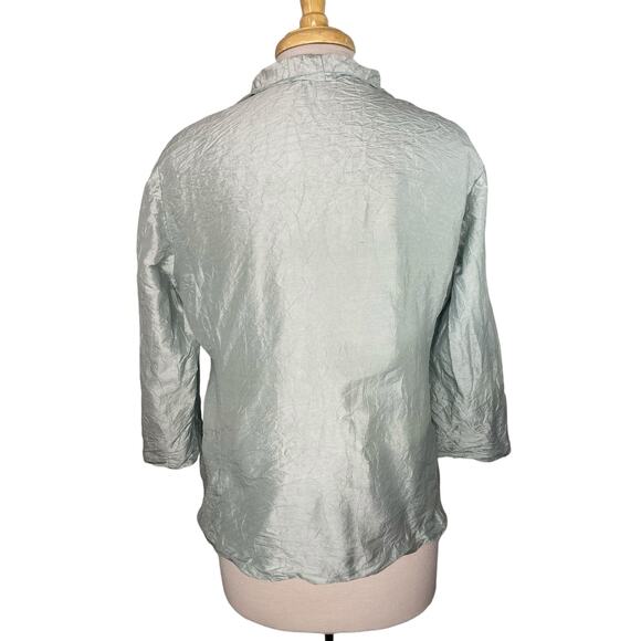 EILEEN FISHER Crinkle Silk Mint Green Button Front Blouse Size Medium #F9CD - Picture 3 of 10